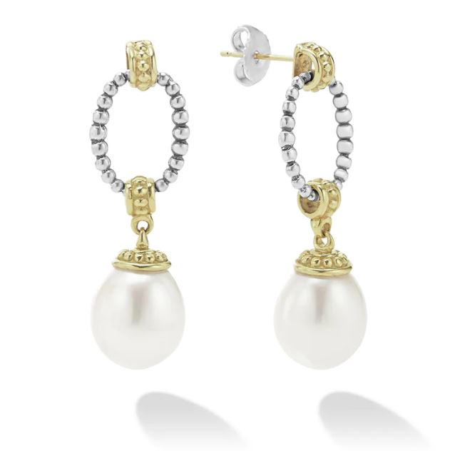 Luna Collection Drop Color Gemstone Earrings in Sterling Silver - 18 Karat White - Yellow with 2 Freshwater Pearls