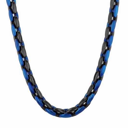 Stainless steel black and blue cable chain.