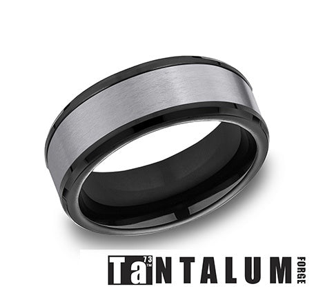 Tantalum titanium band, black-grey, carved design.