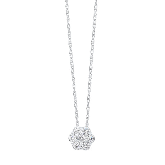 Diamond necklace with round cluster pendant.
