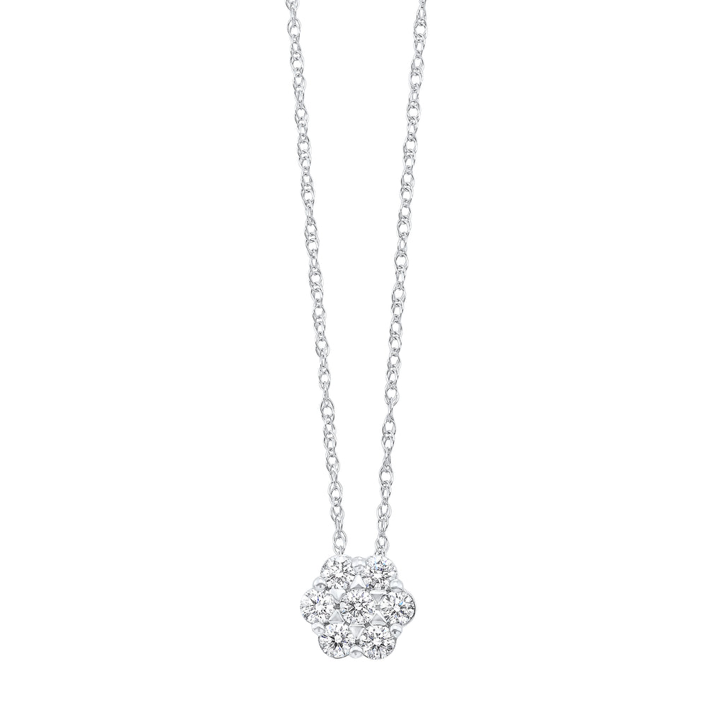 Diamond cluster pendant on white gold chain.