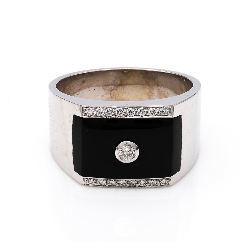 14K white gold ring with onyx and diamond.