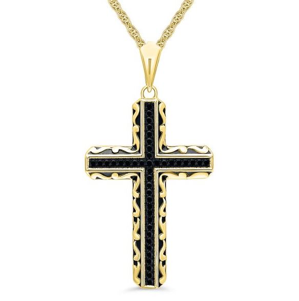 Yellow gold cross necklace with black accents.