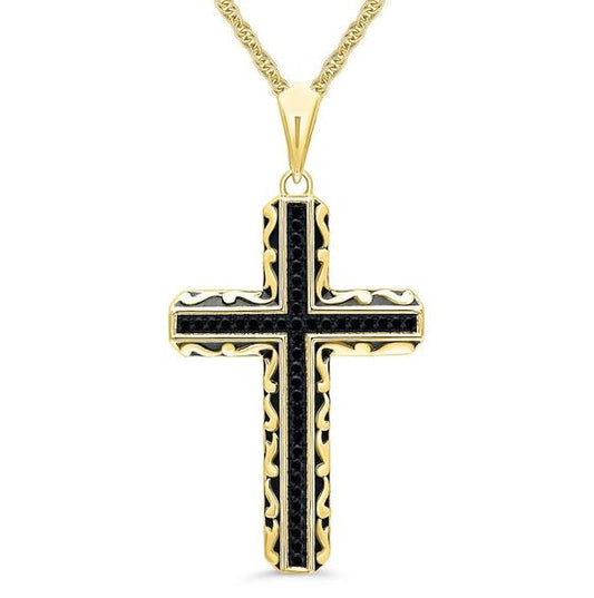 Yellow gold cross necklace with black accents.