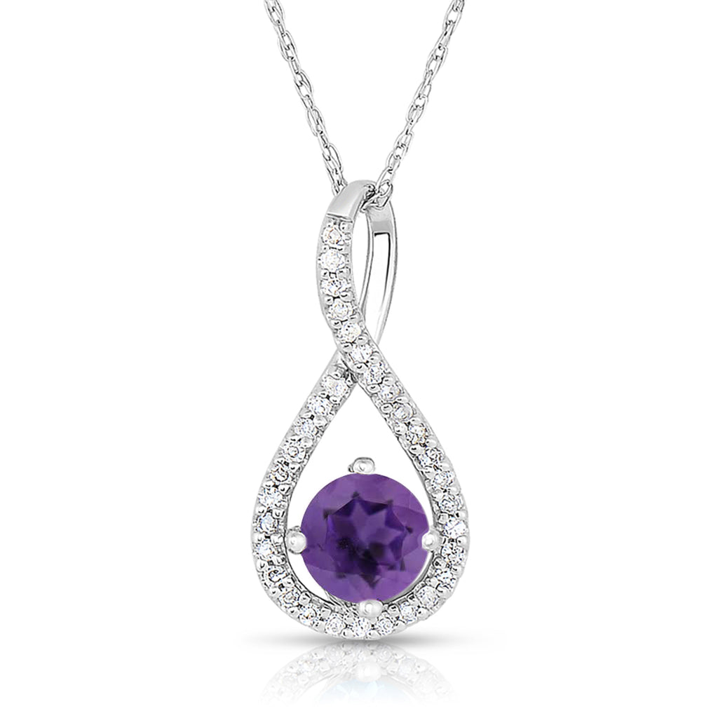 Pendant Semi-Precious Color Collection Color Gemstone Necklace in Sterling Silver White with 1 Round Amethyst 0.50ctw
