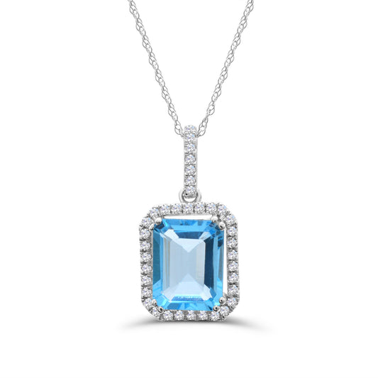 Emerald-cut blue topaz pendant with zircons.