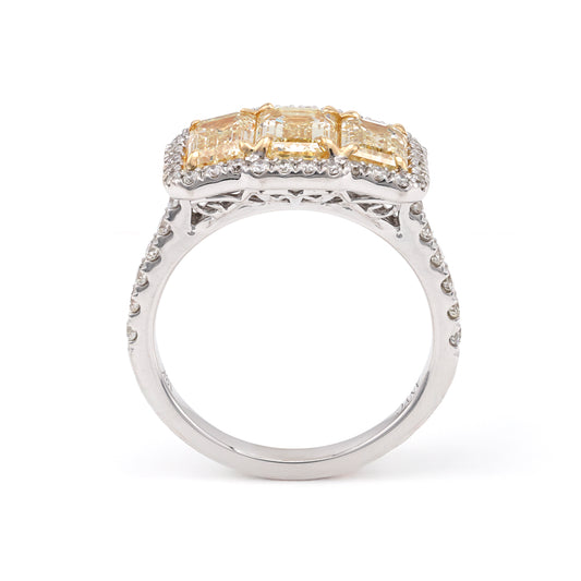 ADIRNYC JEWELRY Three Stone Halo Side Stone Natural Diamond Complete Engagement Ring in 18 Karat White Gold with 1 Emerald Diamond, Color: Y, Clarity: VS2, totaling 1.21ctw