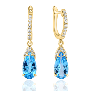18K gold earrings with blue topaz drops.