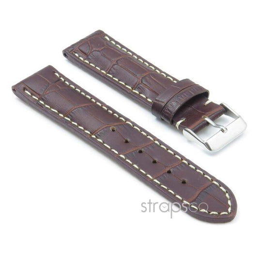 Dark brown leather watch band with buckle.