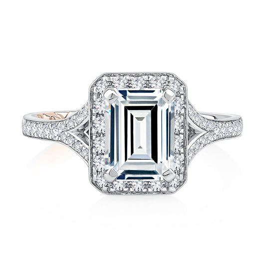 Halo diamond semi-mount ring, white gold.