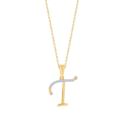 Yellow gold necklace with diamond initial pendant.