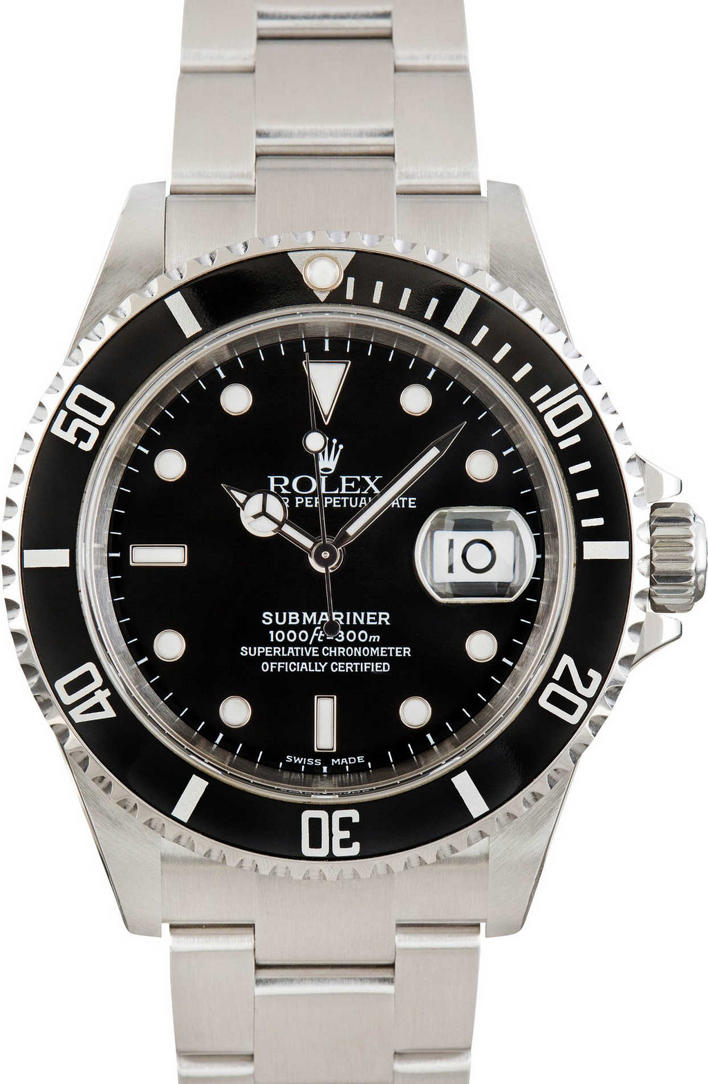 Stainless steel watch, black bezel, dial.