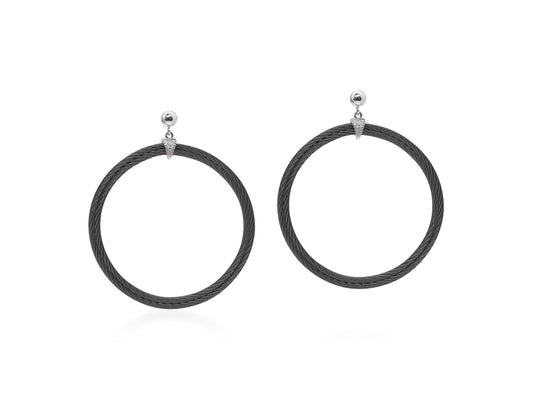 Large Hoop Natural Diamond Earrings in Stainless Steel Cable - 18 Karat White - Black with 0.02ctw Round Diamonds