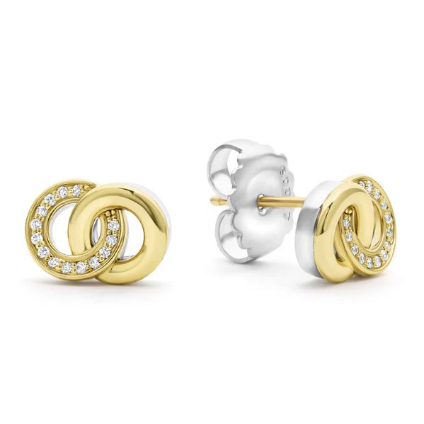 Gold and silver diamond interlocking stud earrings.