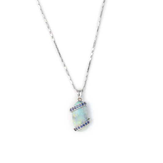 ReMarkable Estate Color Gemstone Necklace with Oval Opal Pendant in 14 Karat White Gold