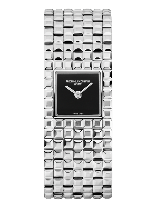 Stainless steel watch with black dial.