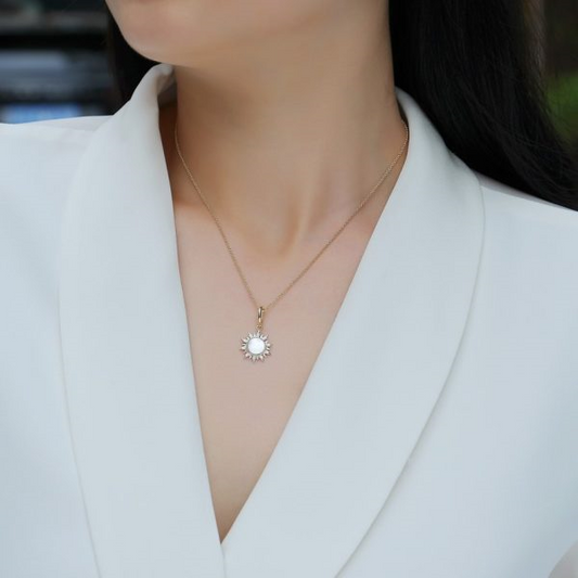 Mondrian Collection Pendant Color Gemstone Necklace in 14 Karat Yellow Gold with 1 Coin Mother Of Pearl 0.65ctw