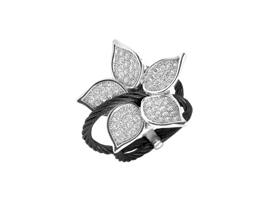 Stainless steel cable ring with diamond petals.