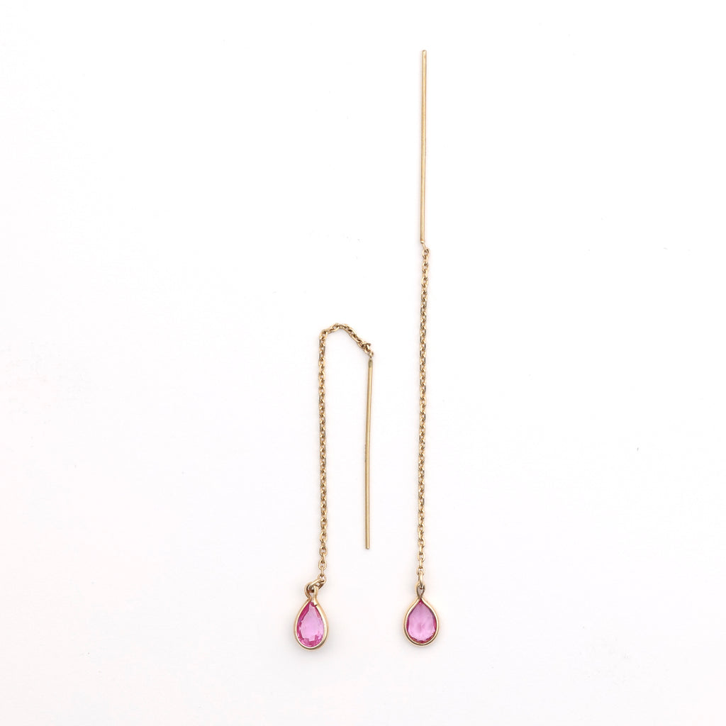 14K gold threader earrings, pink sapphires.