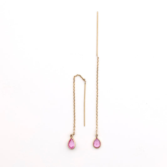 14K gold threader earrings, pink sapphires.