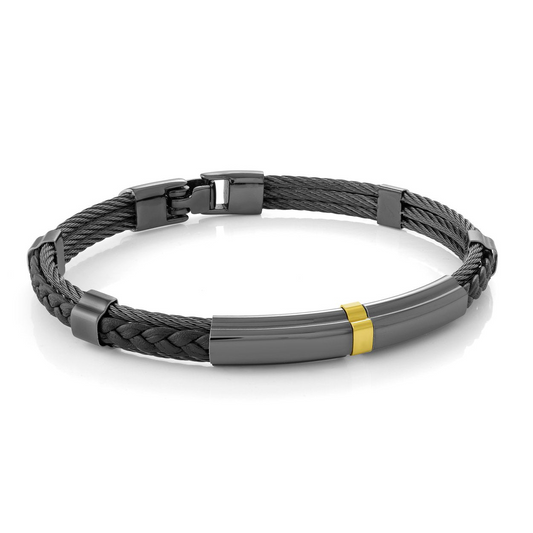 Black leather bracelet with yellow stainless steel.