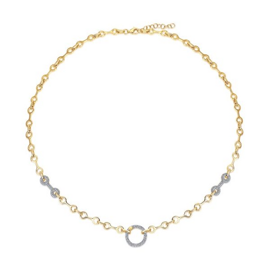 Diamond circle necklace, yellow gold chain.