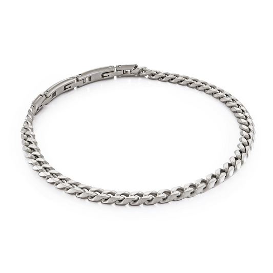 White stainless steel curb link bracelet.