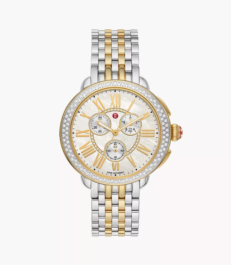 Gold and silver chronograph watch with pearl dial.