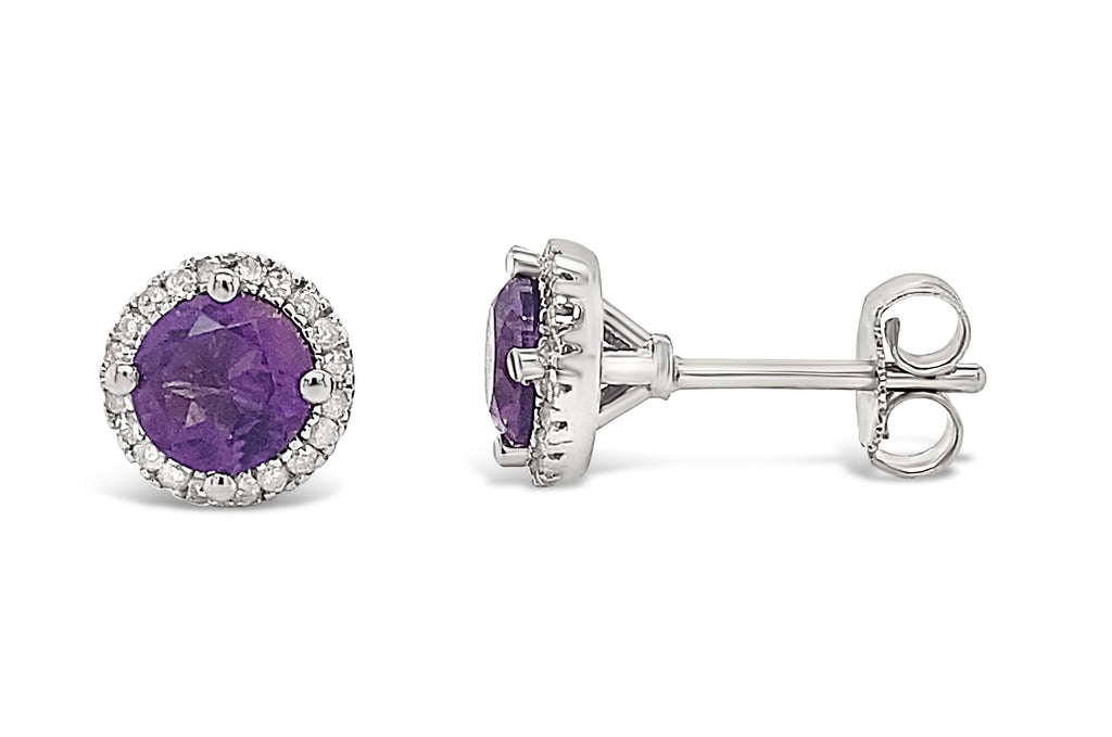 Round amethyst stud earrings in sterling silver.