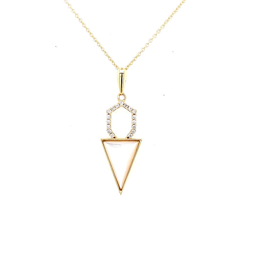 Triangular Mother of Pearl pendant with diamonds.