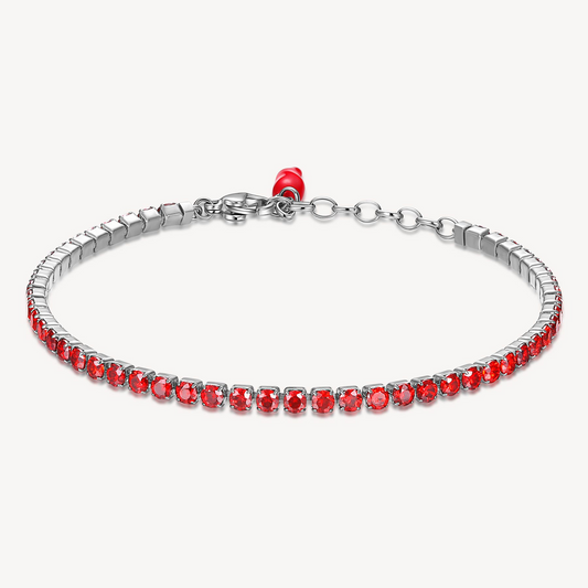 Stainless steel bracelet with red gemstones.