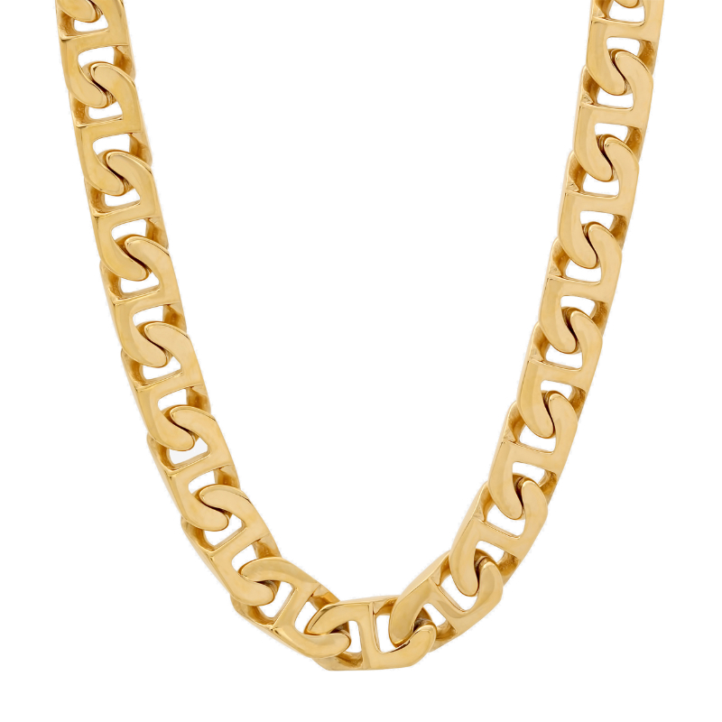 Yellow stainless steel fancy link chain.