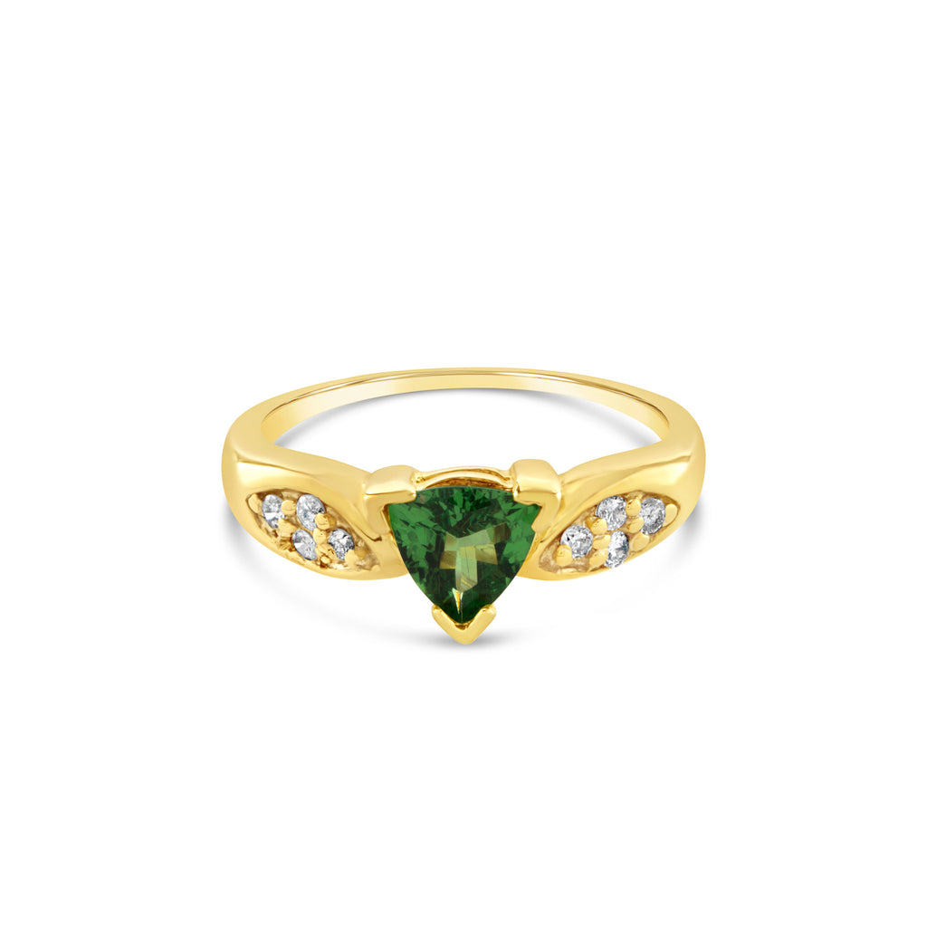 18K Yellow Gold Tsavorite Garnet Trillion Pave Diamond Ring
