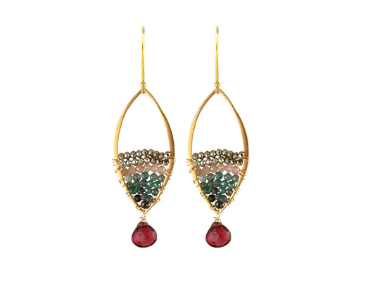 Gold dangle earrings with colorful gemstones.