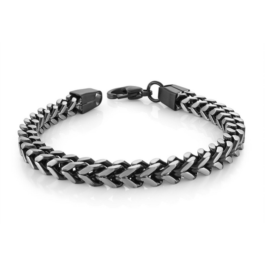 Black-grey satin finish stainless steel Franco chain.