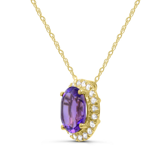 Oval amethyst pendant with zircons, yellow gold.