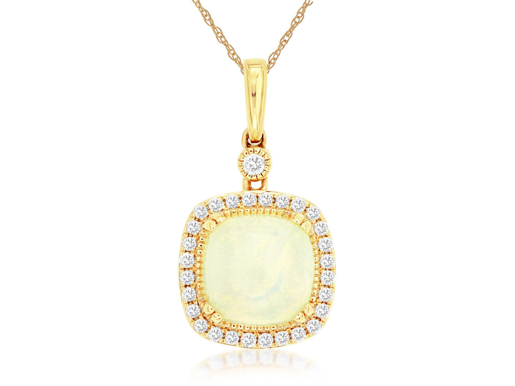 Cushion opal necklace with diamond halo.