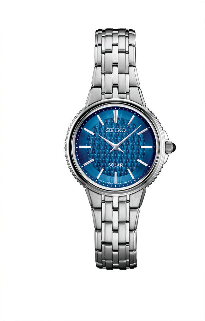 Seiko watch with blue dial, stainless steel.