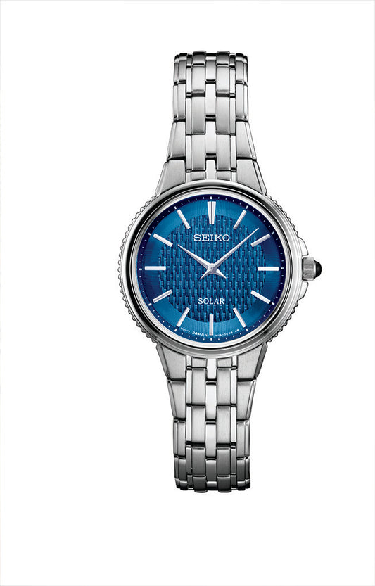 Seiko watch with blue dial, stainless steel.