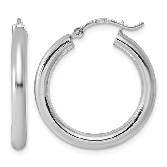 Sterling silver polished medium hoop earrings.