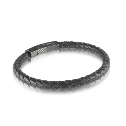 Braid Bracelet (No Stones) in Stainless Steel - Leather Black