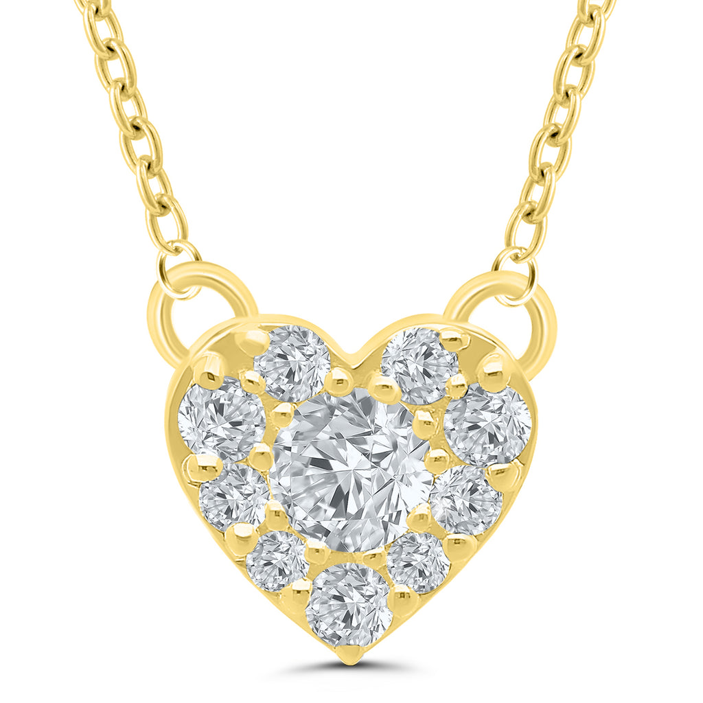 Heart-shaped gold necklace with round diamonds.