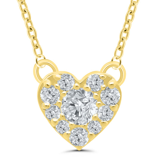 Heart-shaped gold necklace with round diamonds.