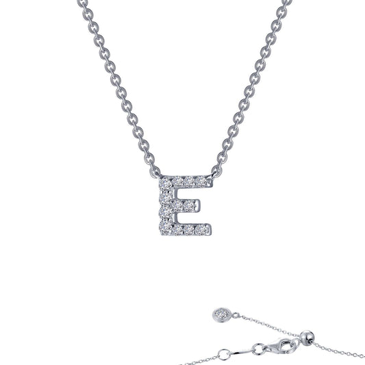 Simulated diamond "E" necklace, platinum bonded silver.