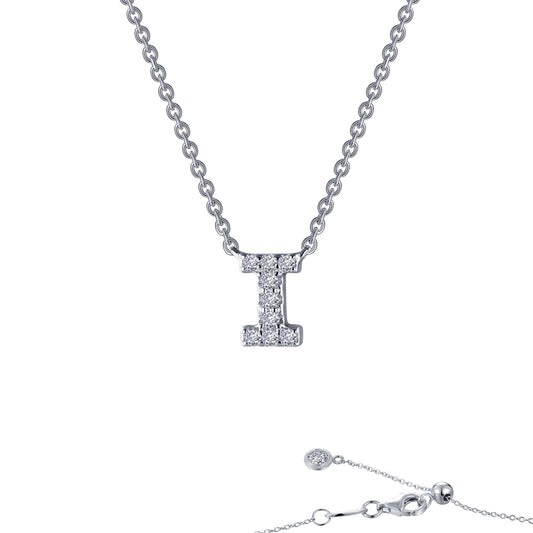 Simulated diamond "I" necklace, platinum silver chain.