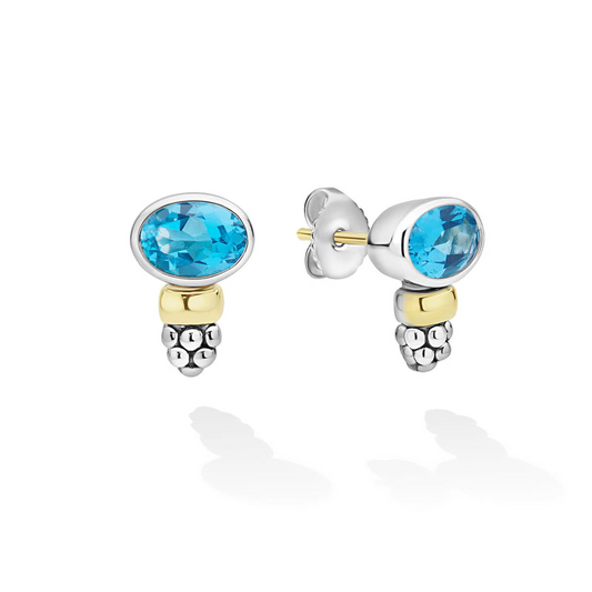 Lagos Signature Caviar Collection Stud Color Gemstone Earrings in Sterling Silver - 14 Karat White - Yellow with 2 Oval Blue Topazes