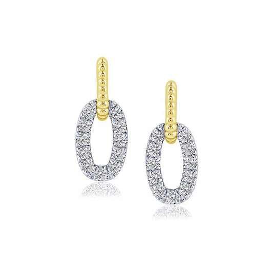 14K gold oval diamond drop earrings.