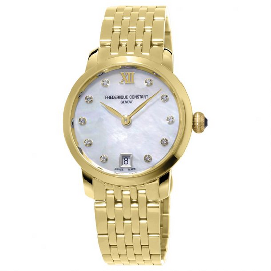 Gold watch with Mother of Pearl dial.