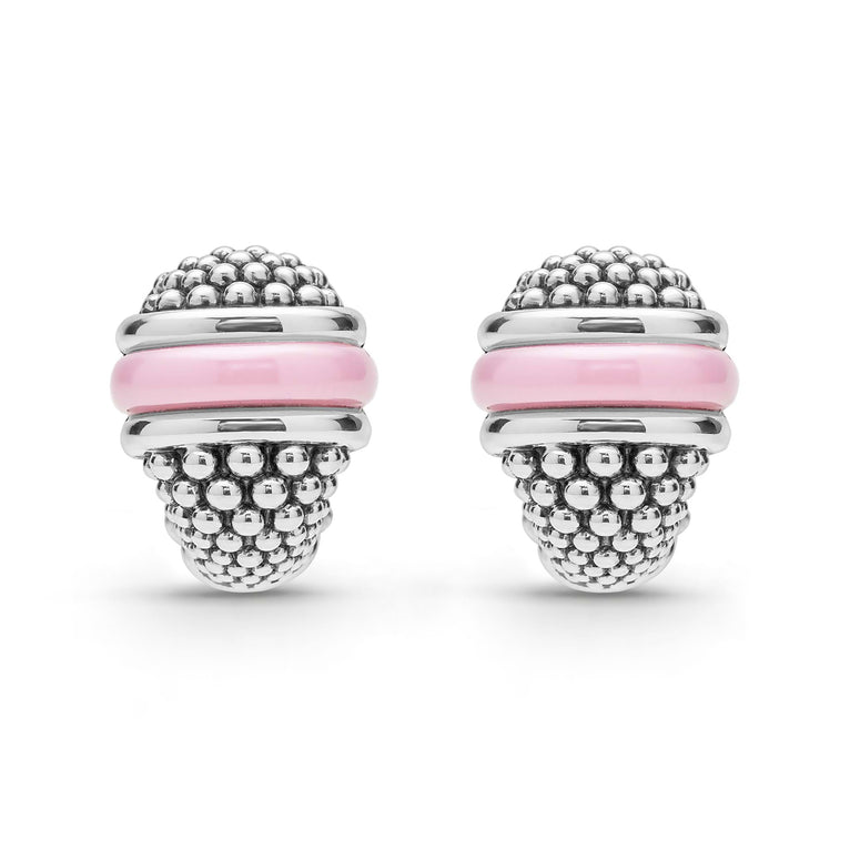 Sterling silver earrings with pink ceramic accents.