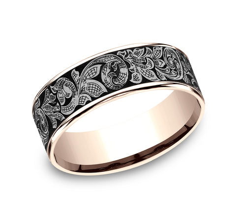 Carved tantalum band with grey rose design.